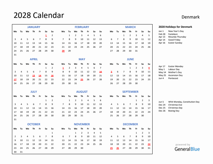 2028 Calendar with Holidays for Denmark