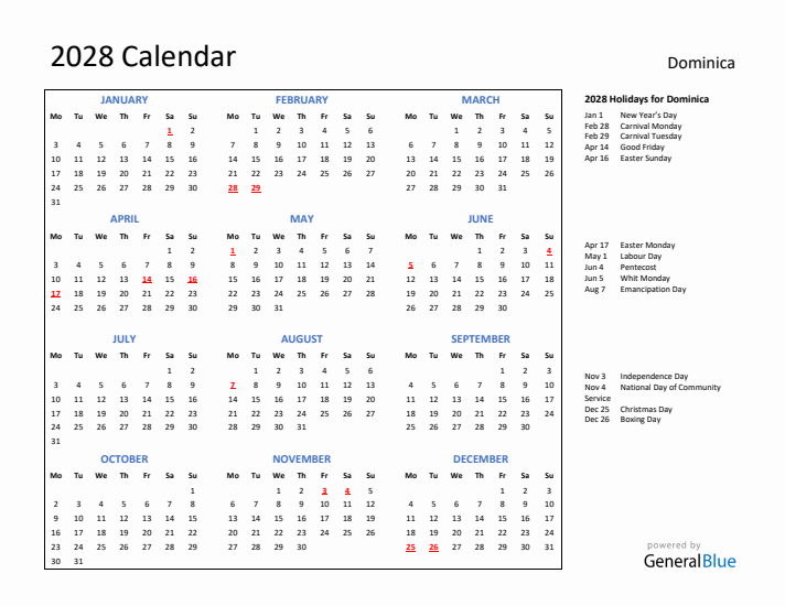 2028 Calendar with Holidays for Dominica