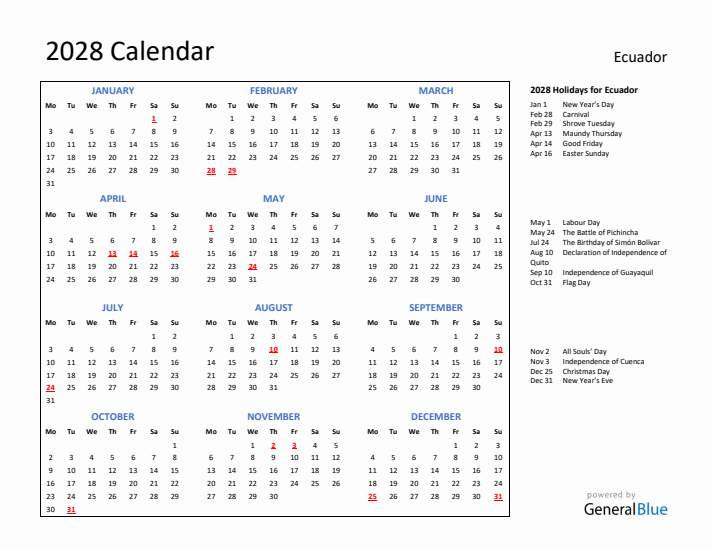 2028 Calendar with Holidays for Ecuador