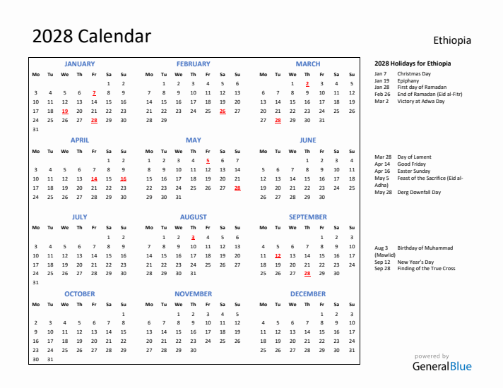 2028 Calendar with Holidays for Ethiopia