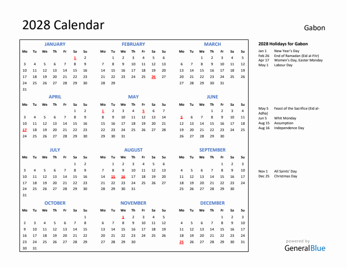 2028 Calendar with Holidays for Gabon