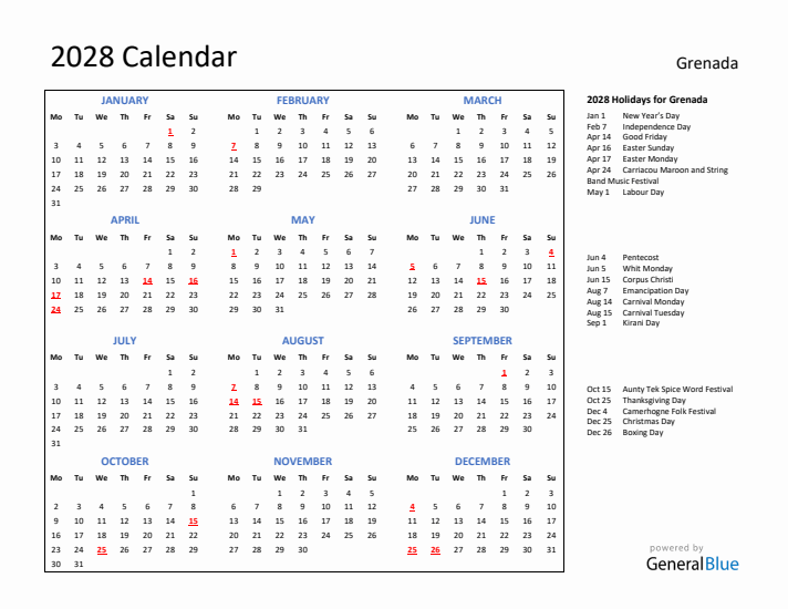 2028 Calendar with Holidays for Grenada