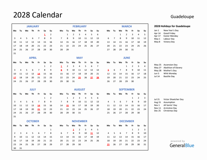 2028 Calendar with Holidays for Guadeloupe