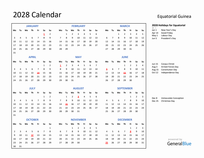 2028 Calendar with Holidays for Equatorial Guinea