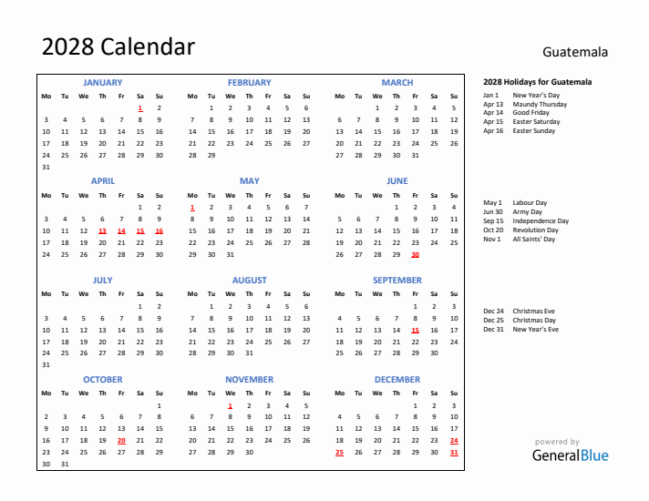 2028 Calendar with Holidays for Guatemala