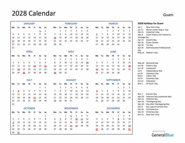 2028 Calendar with Holidays for Guam