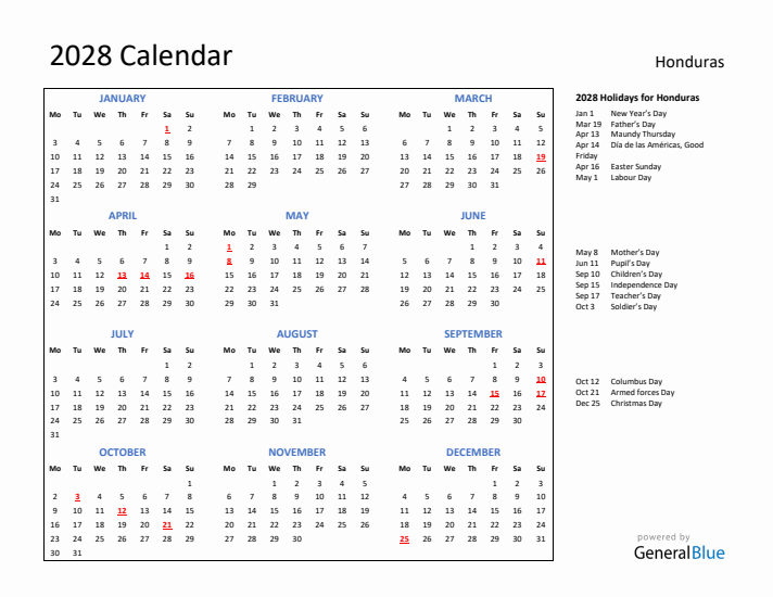 2028 Calendar with Holidays for Honduras