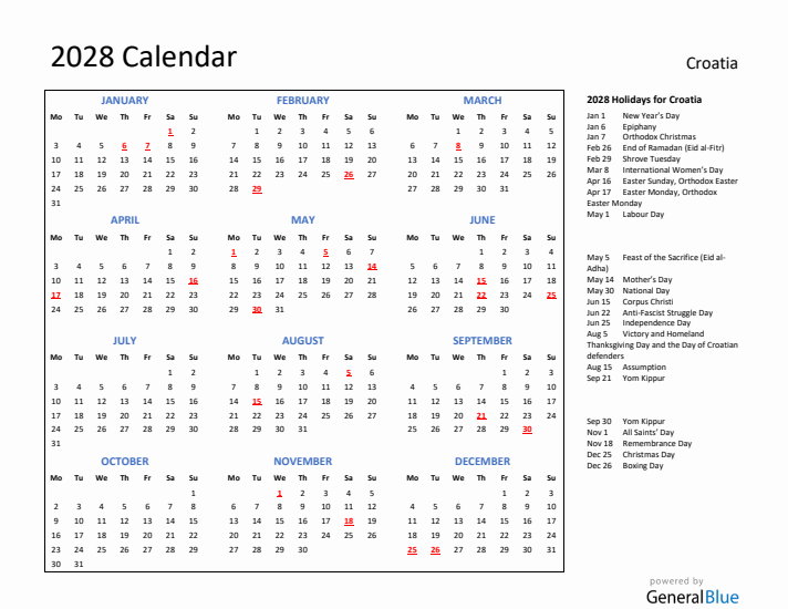 2028 Calendar with Holidays for Croatia