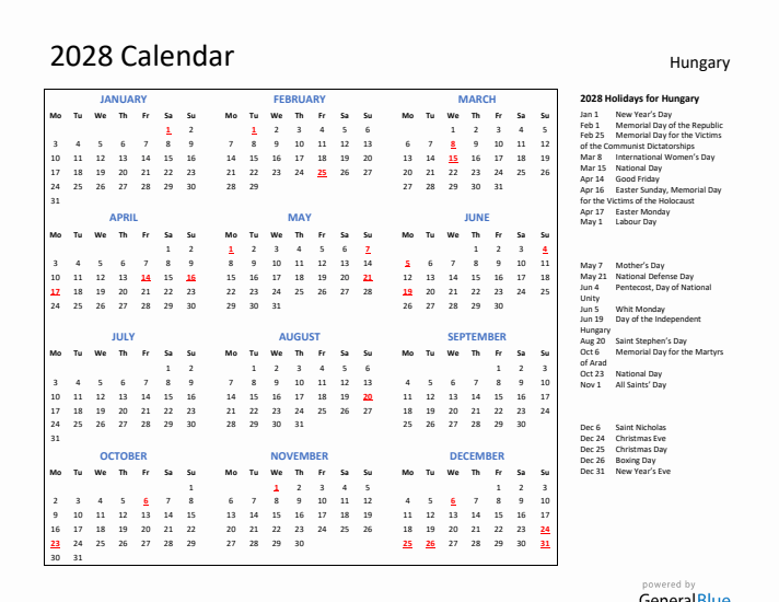 2028 Calendar with Holidays for Hungary