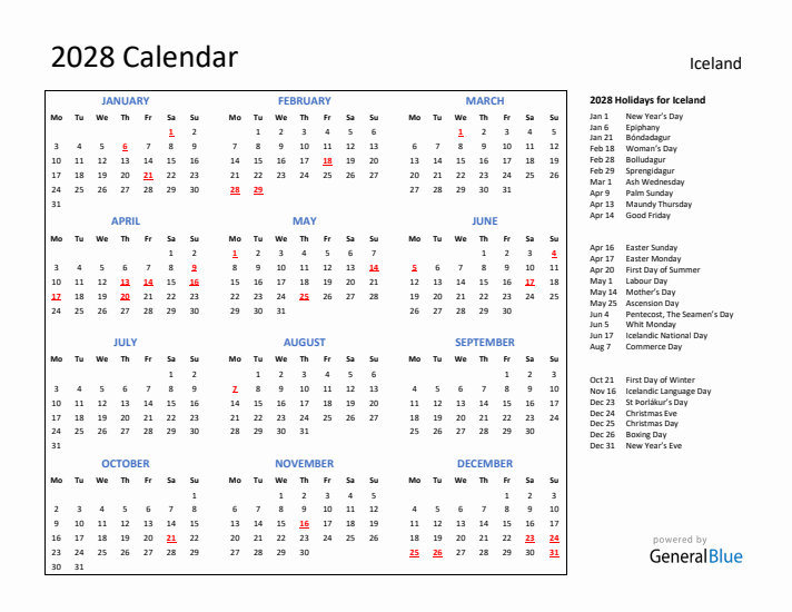 2028 Calendar with Holidays for Iceland