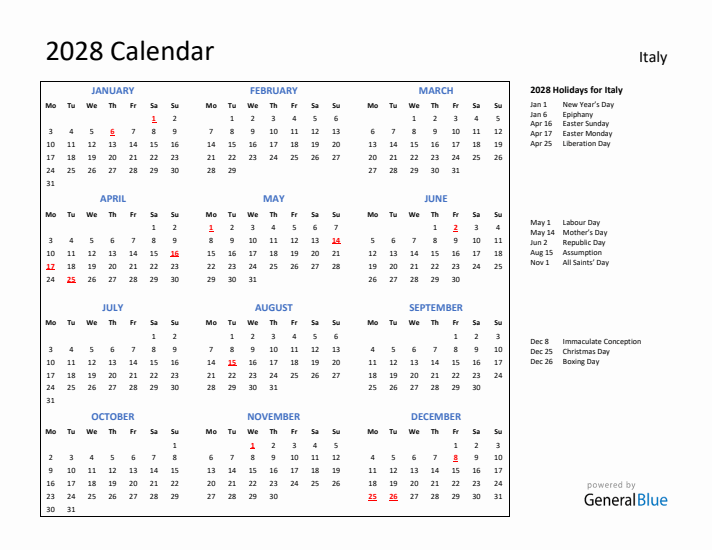 2028 Calendar with Holidays for Italy