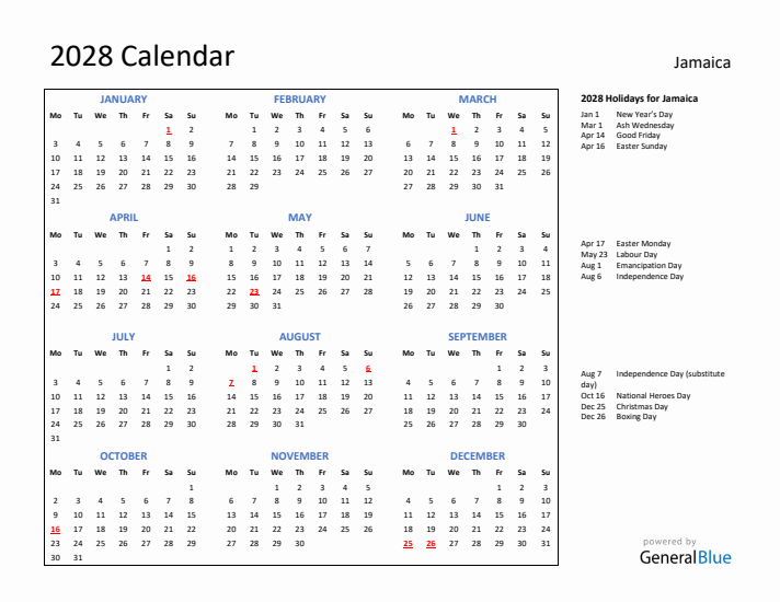 2028 Calendar with Holidays for Jamaica