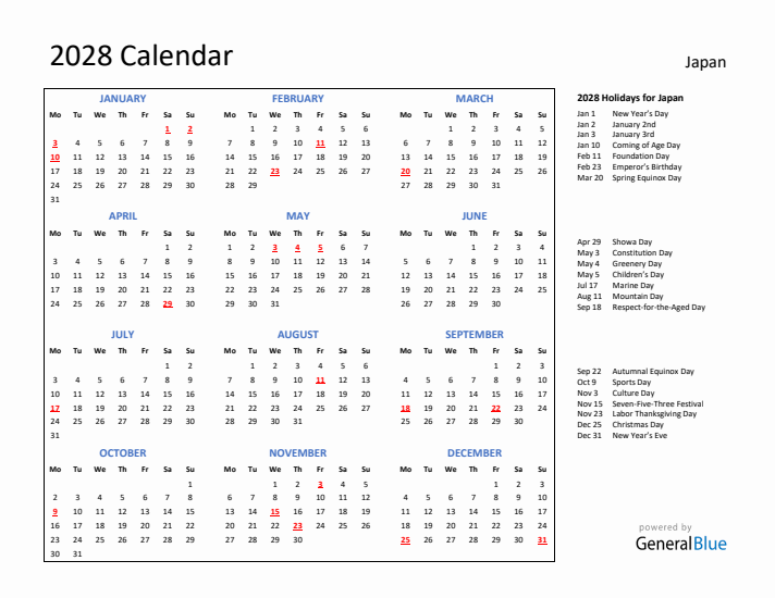 2028 Calendar with Holidays for Japan