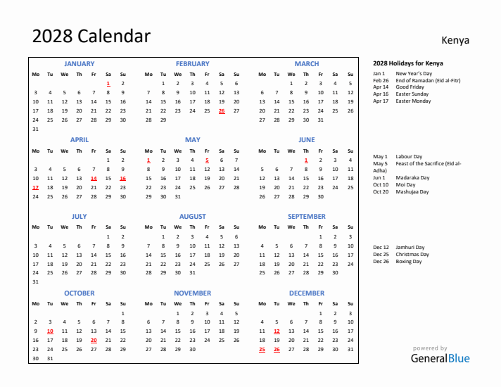 2028 Calendar with Holidays for Kenya