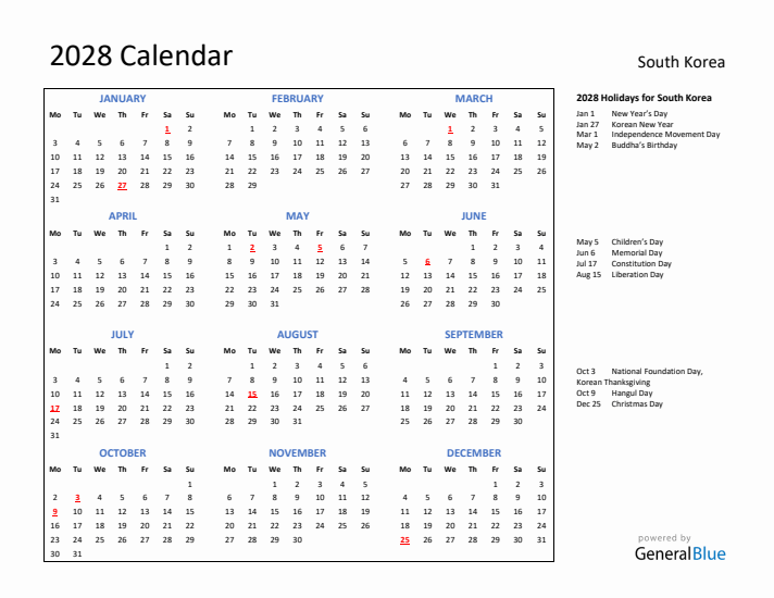 2028 Calendar with Holidays for South Korea