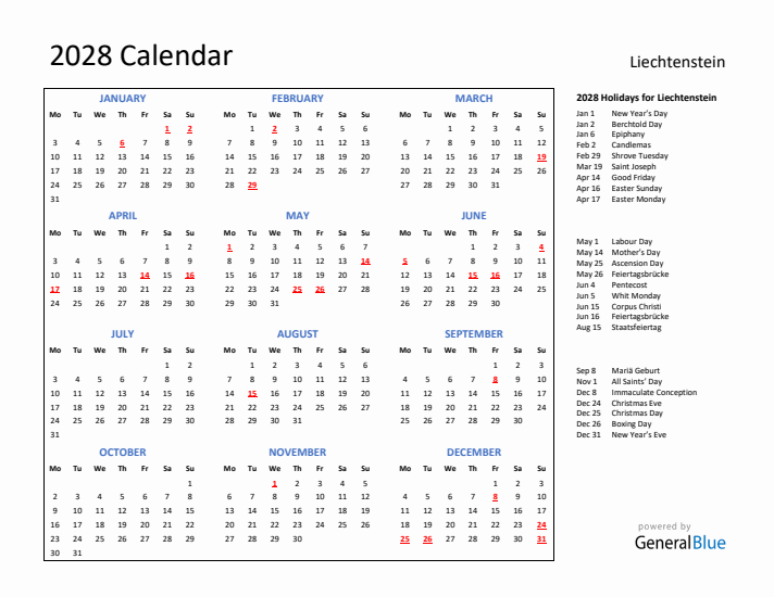 2028 Calendar with Holidays for Liechtenstein