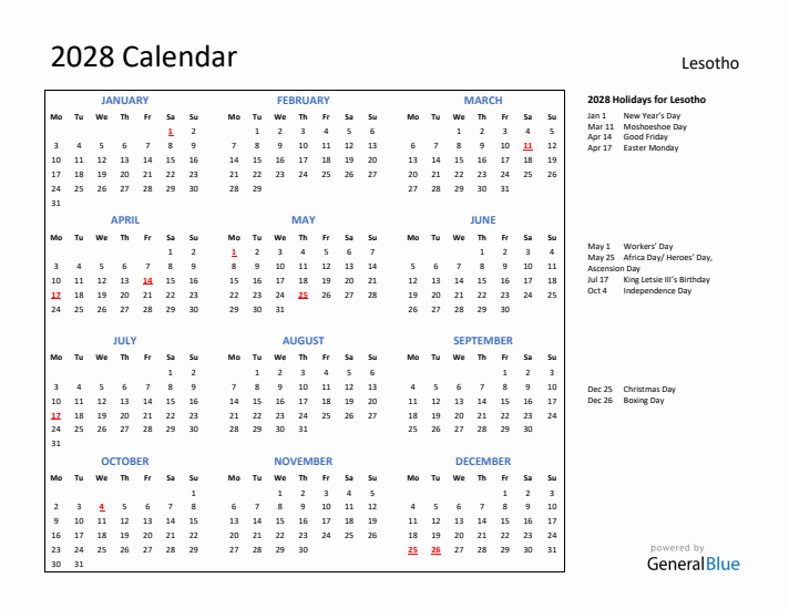 2028 Calendar with Holidays for Lesotho
