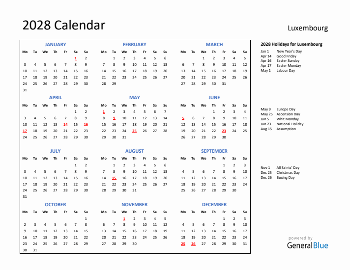 2028 Calendar with Holidays for Luxembourg