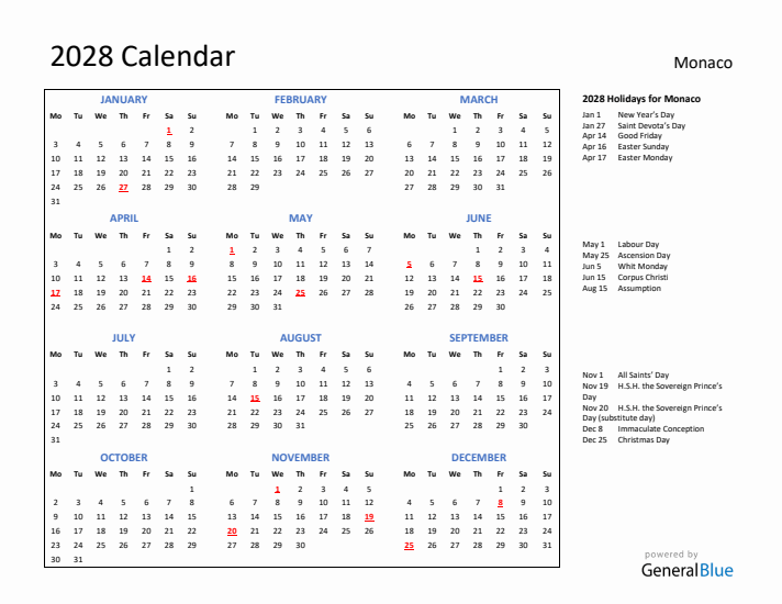 2028 Calendar with Holidays for Monaco