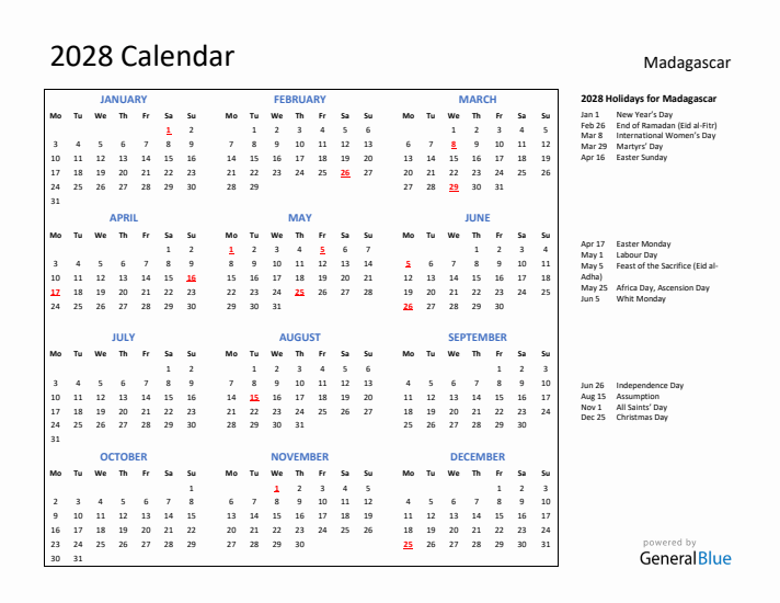 2028 Calendar with Holidays for Madagascar