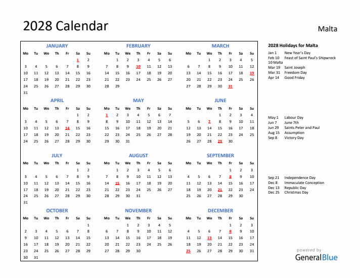 2028 Calendar with Holidays for Malta