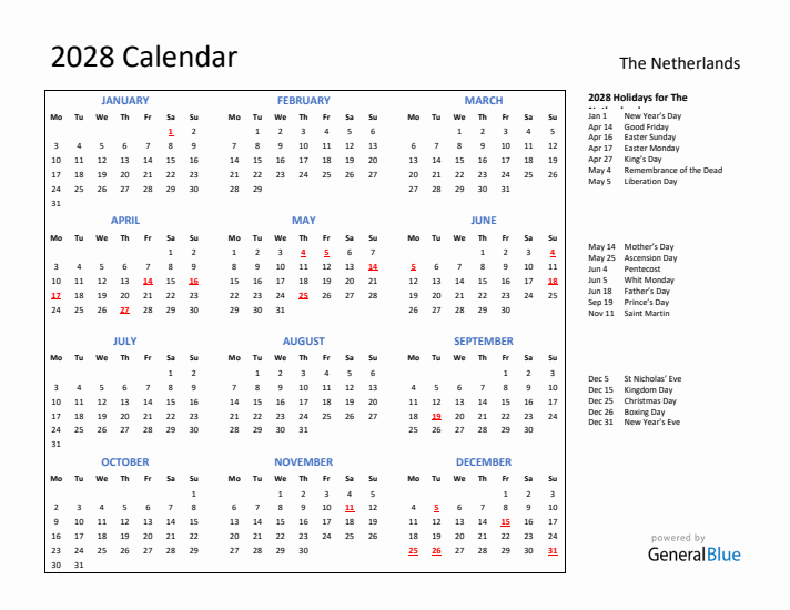 2028 Calendar with Holidays for The Netherlands