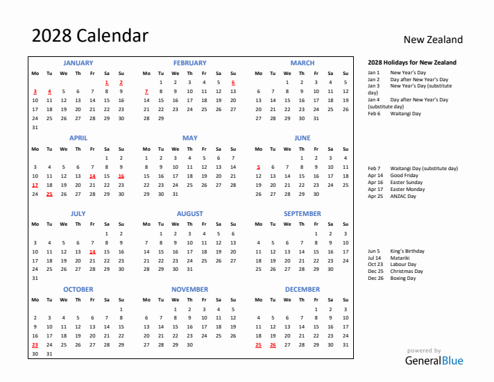 2028 Calendar with Holidays for New Zealand