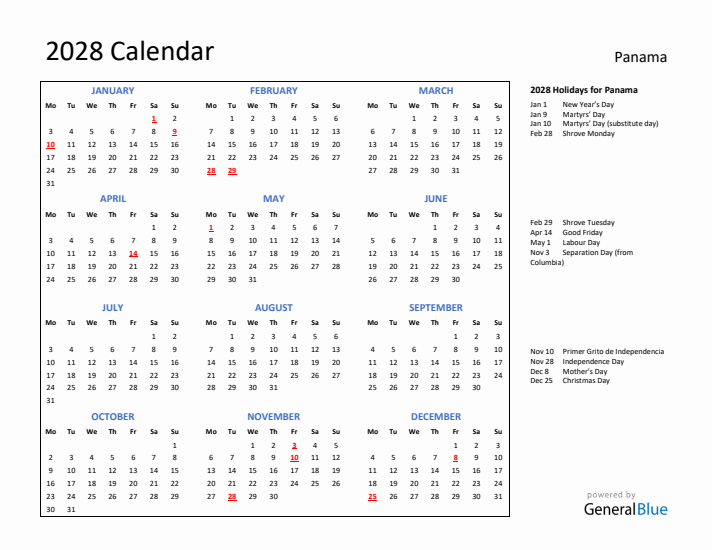 2028 Calendar with Holidays for Panama