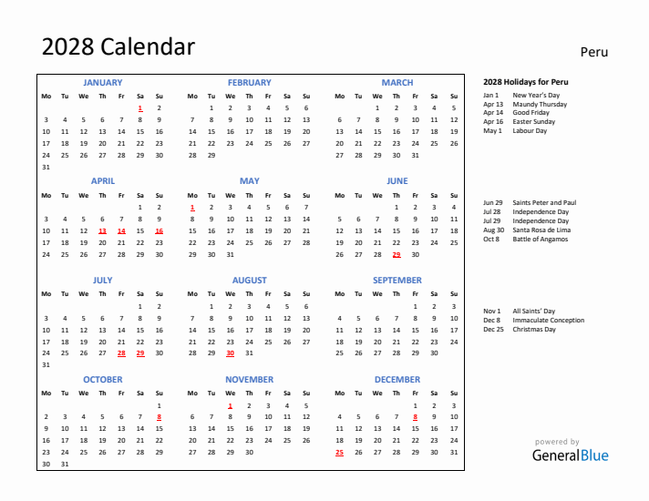 2028 Calendar with Holidays for Peru