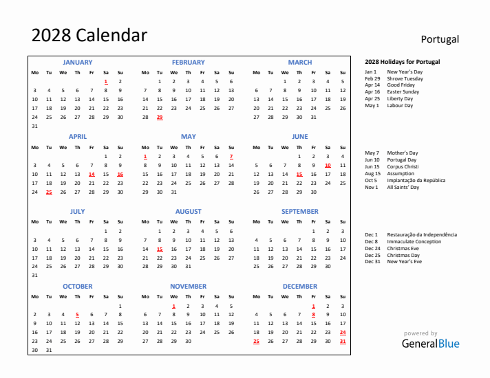 2028 Calendar with Holidays for Portugal