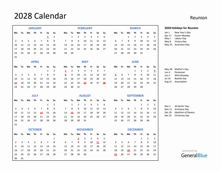 2028 Calendar with Holidays for Reunion
