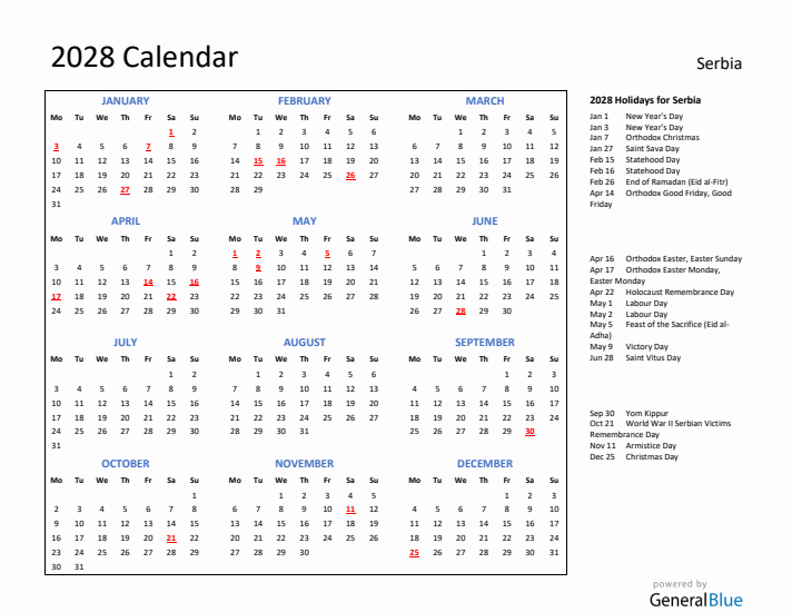 2028 Calendar with Holidays for Serbia