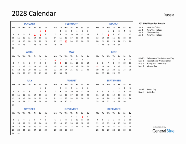 2028 Calendar with Holidays for Russia