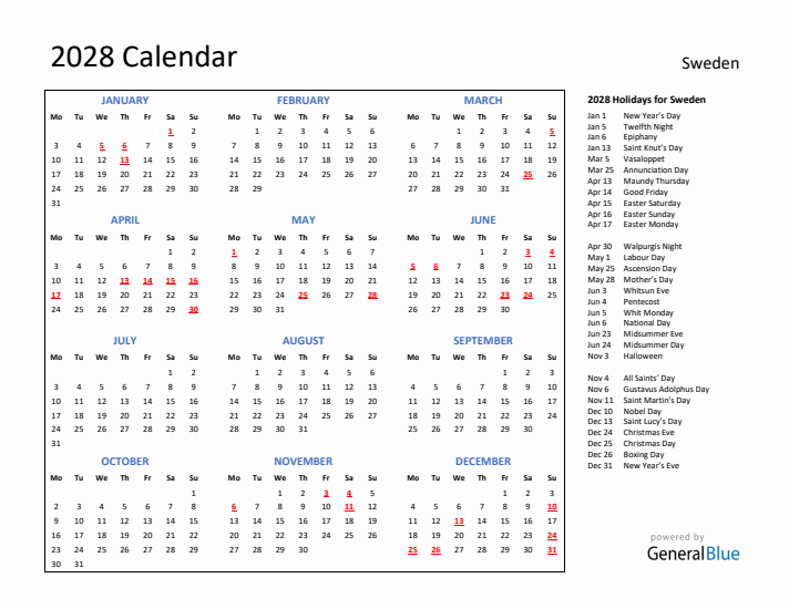 2028 Calendar with Holidays for Sweden