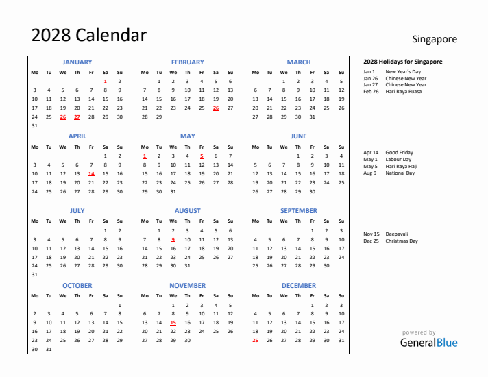 2028 Calendar with Holidays for Singapore