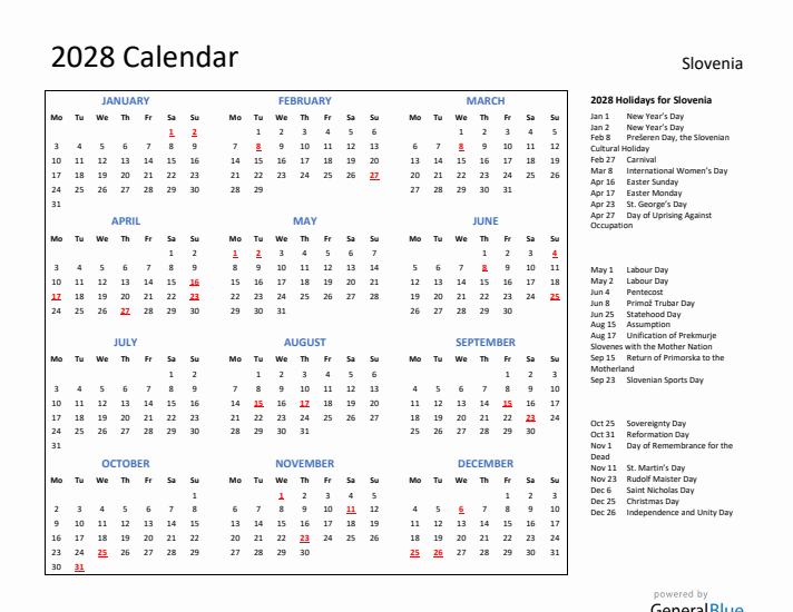 2028 Calendar with Holidays for Slovenia