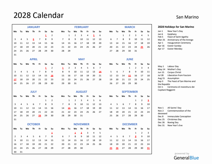 2028 Calendar with Holidays for San Marino