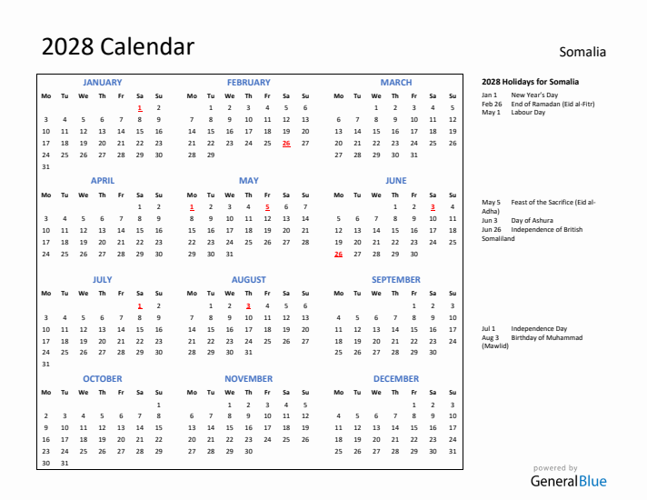2028 Calendar with Holidays for Somalia