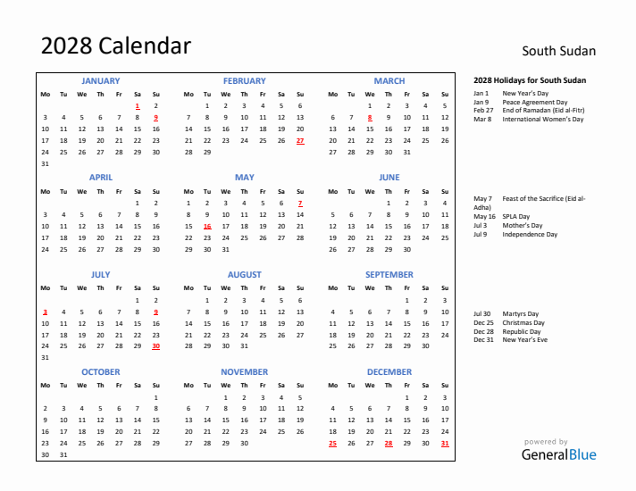 2028 Calendar with Holidays for South Sudan