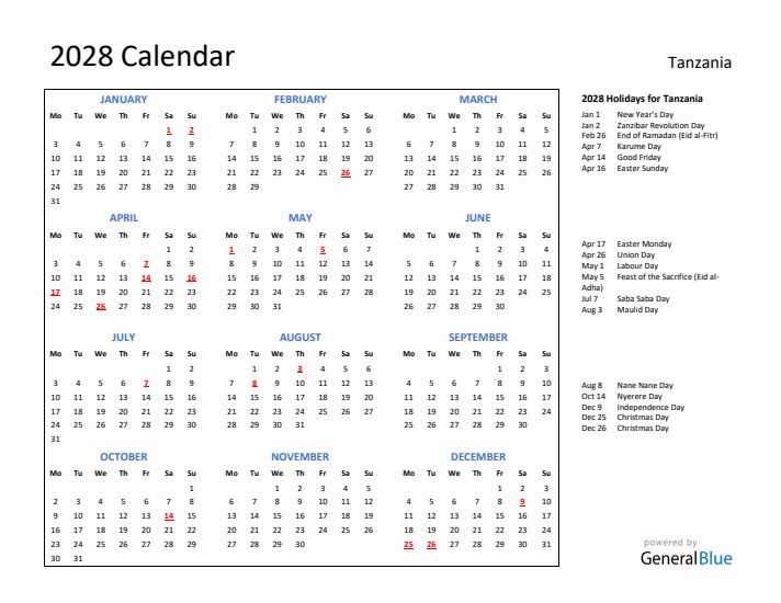 2028 Calendar with Holidays for Tanzania
