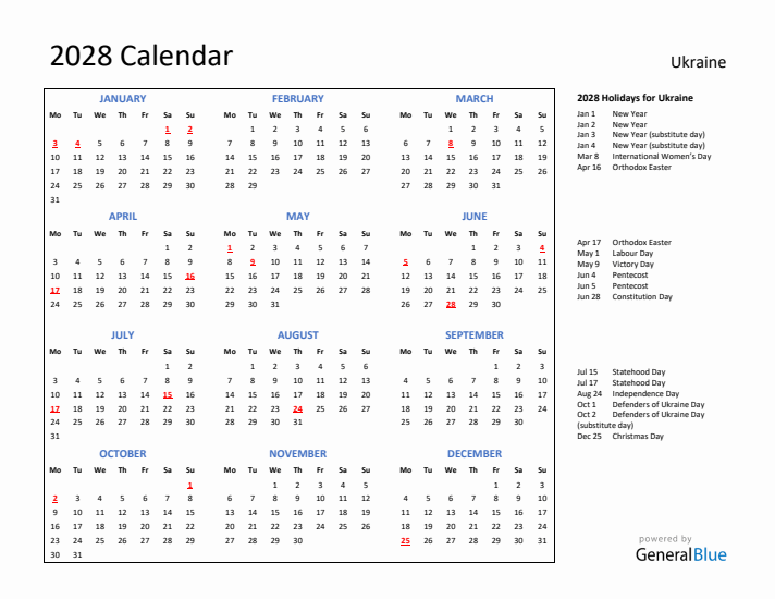 2028 Calendar with Holidays for Ukraine