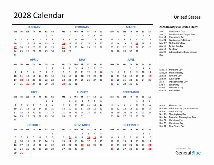2028 Calendar with Holidays for United States