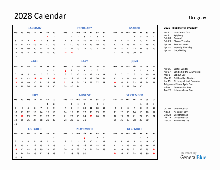 2028 Calendar with Holidays for Uruguay
