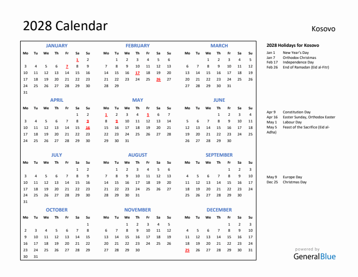 2028 Calendar with Holidays for Kosovo
