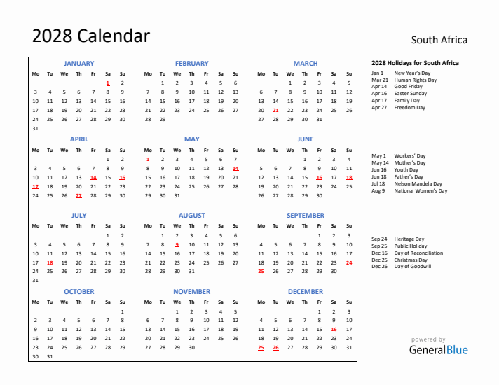2028 Calendar with Holidays for South Africa