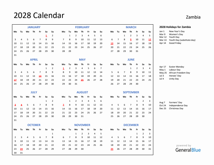 2028 Calendar with Holidays for Zambia
