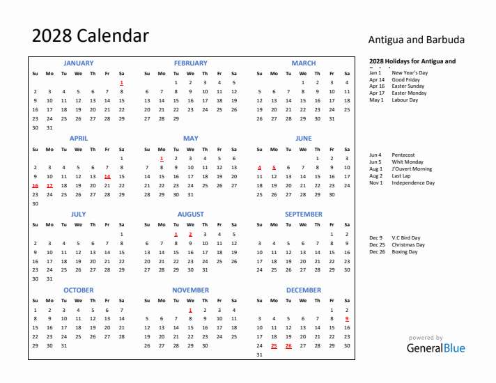 2028 Calendar with Holidays for Antigua and Barbuda