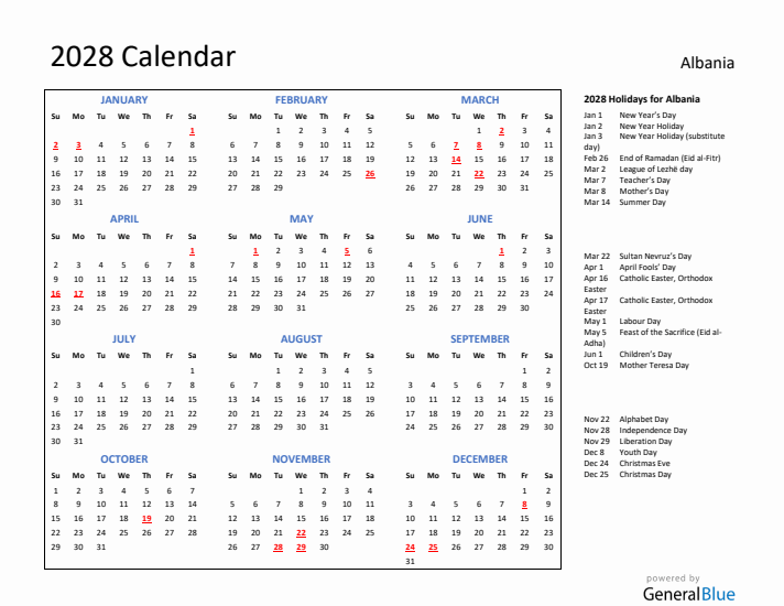 2028 Calendar with Holidays for Albania