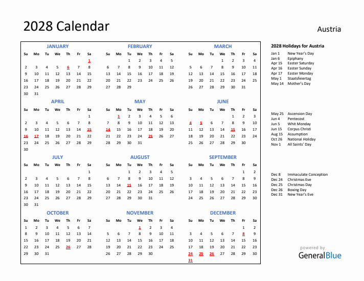 2028 Calendar with Holidays for Austria