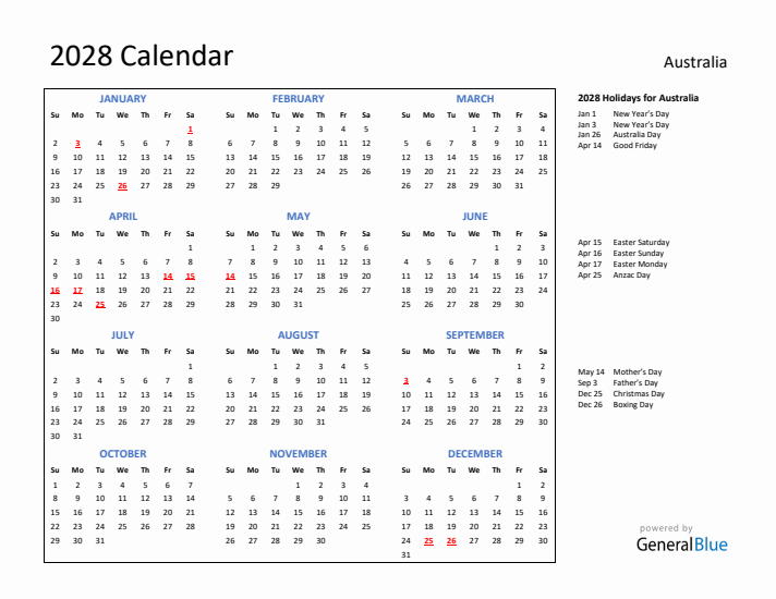 2028 Calendar with Holidays for Australia